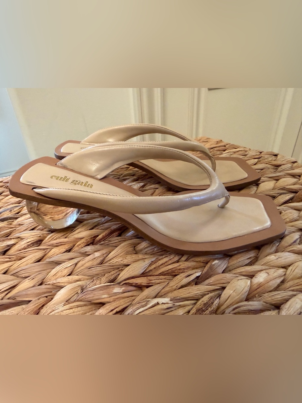 cult gaia Cream and Brown Thong Sandals with Clear Sculpted Heel
